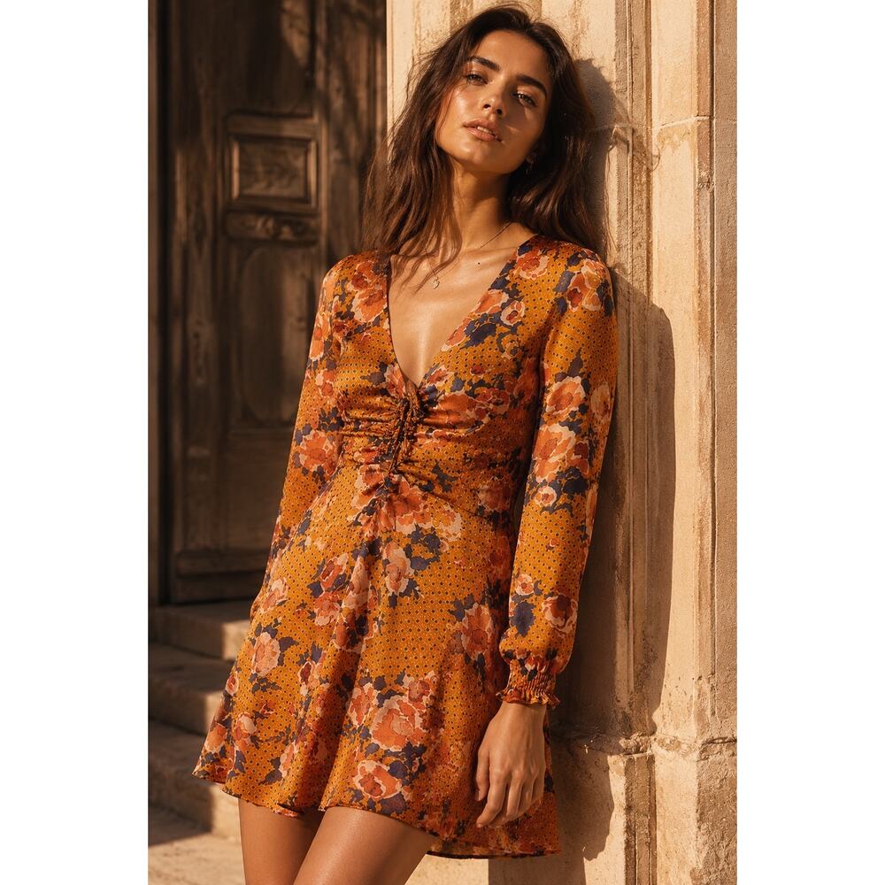 FREE PEOPLE Morning Light Floral Retro Printed Long Sleeve Mini Dress Size 2
